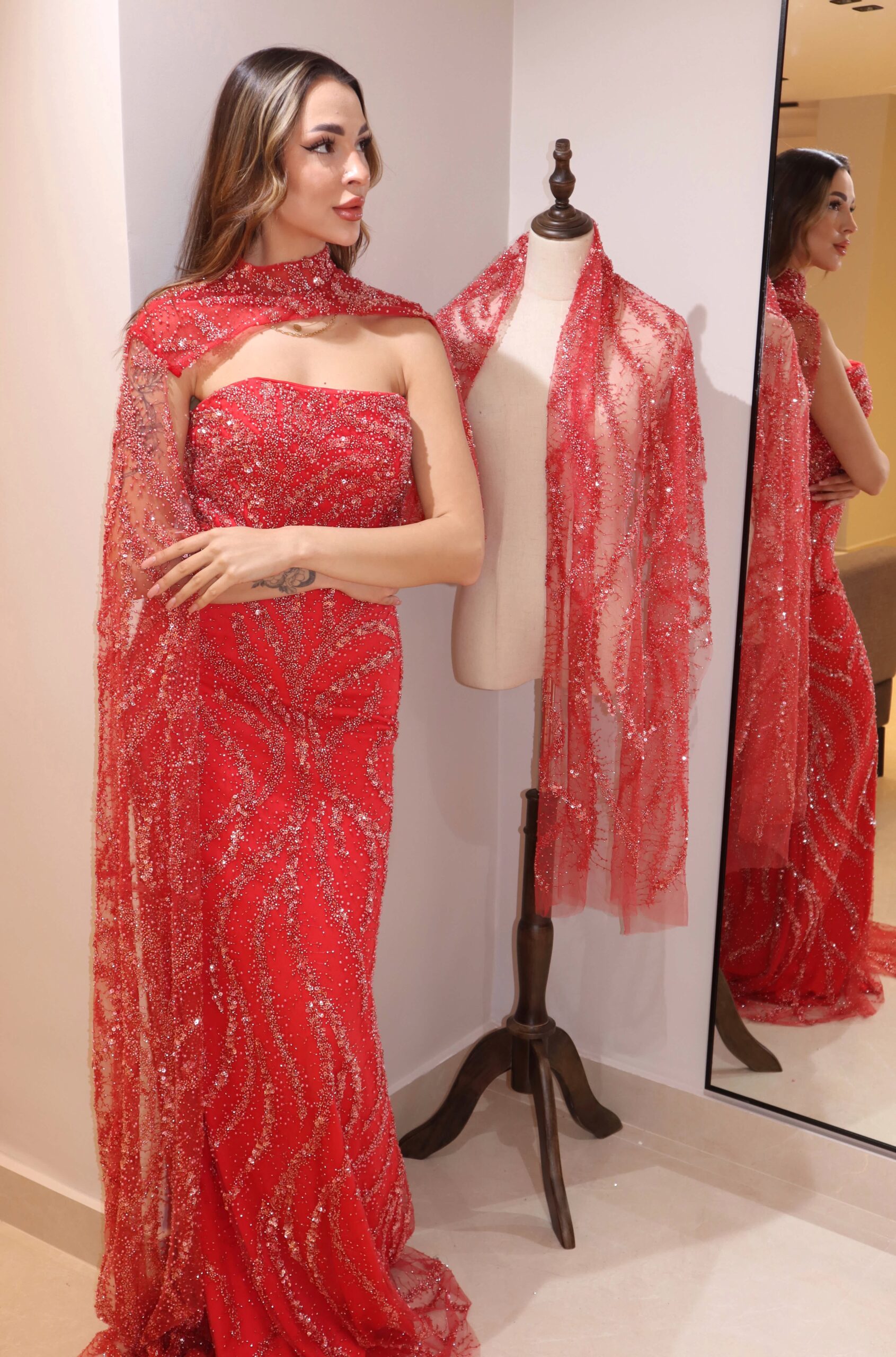 Scarlet Sequin Evening Gown with Matching High-Neck Cape