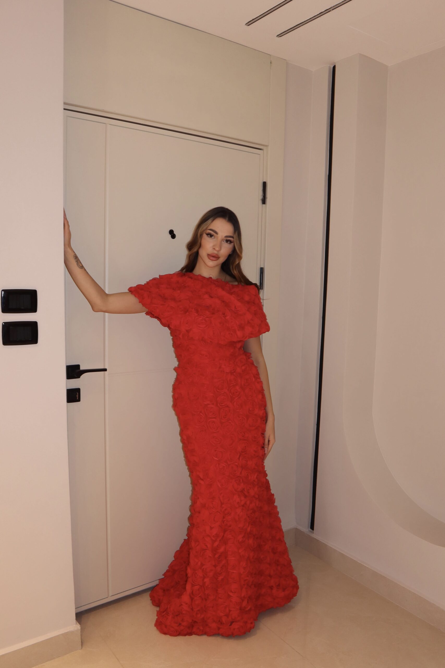 Crimson 3D Rose Rosette Mermaid Gown with Off-Shoulder Overlay