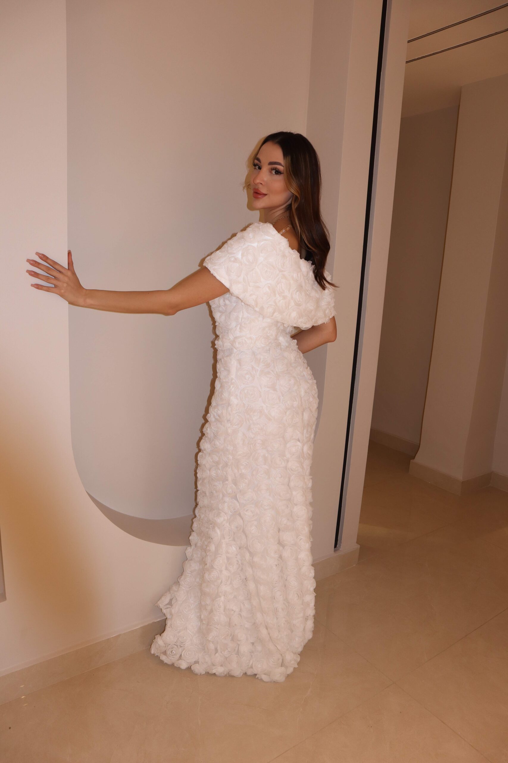 Second image of Ivory 3D Rosette Petal Gown with Convertible Off-Shoulder Wrap