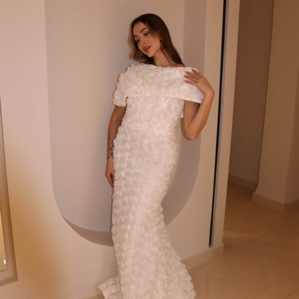 Ivory 3D Rosette Petal Gown with Convertible Off-Shoulder Wrap