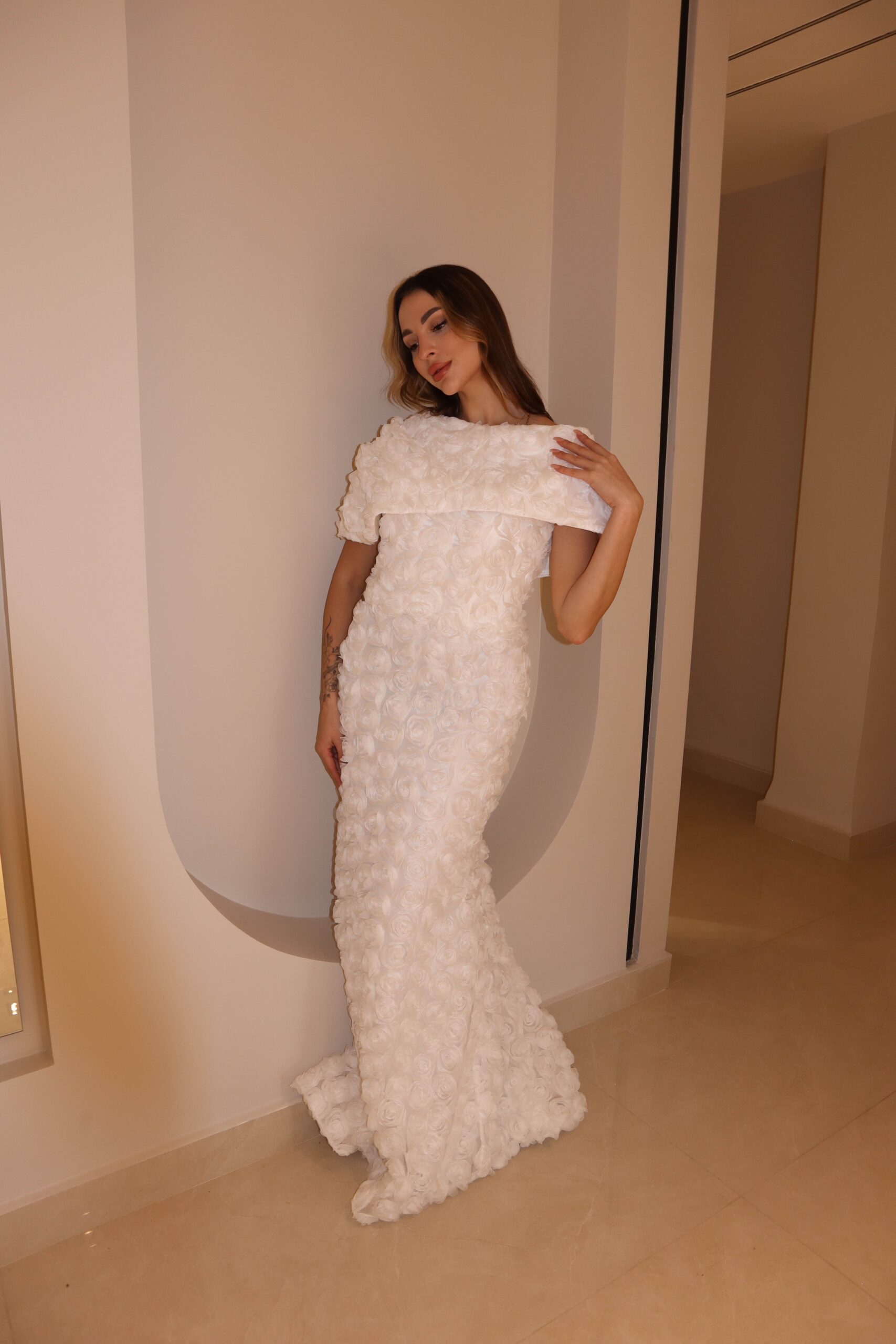 Ivory 3D Rosette Petal Gown with Convertible Off-Shoulder Wrap