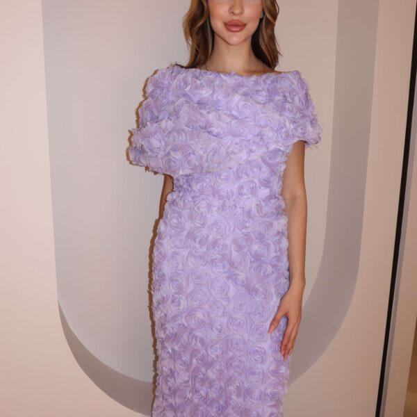 Ethereal Lilac 3D Rose Rosette Gown with Draped Neckline