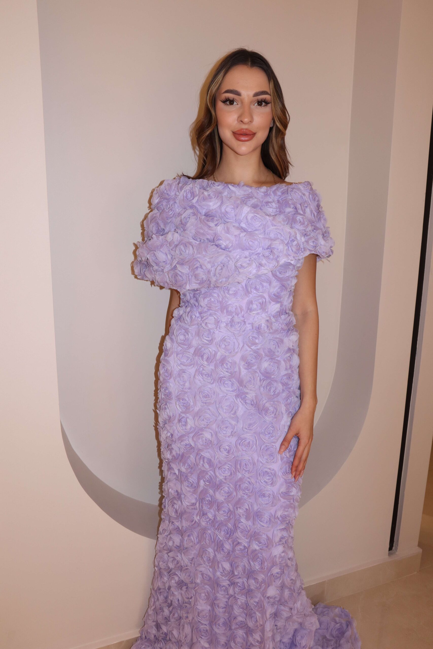 Ethereal Lilac 3D Rose Rosette Gown with Draped Neckline