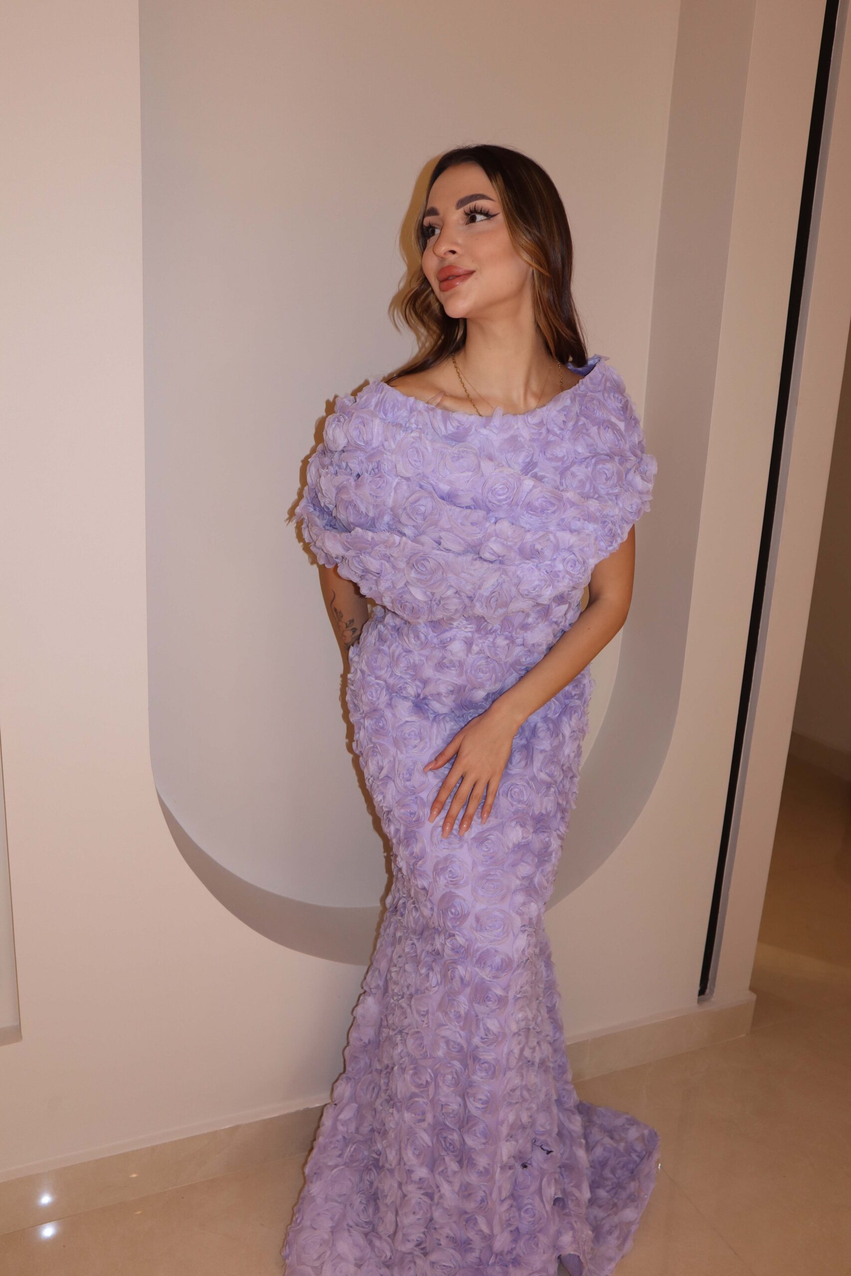 Second image of Ethereal Lilac 3D Rose Rosette Gown with Draped Neckline