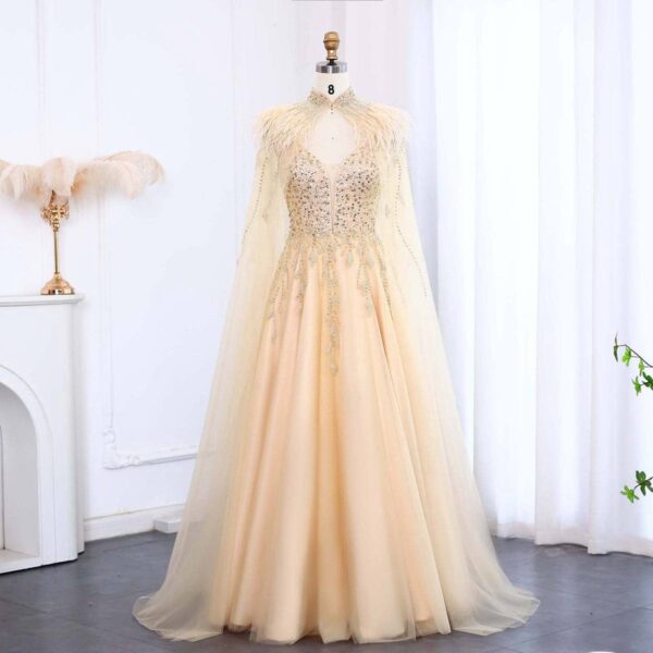 Champagne Celestial A-Line Gown with Feathered High-Neck Cape