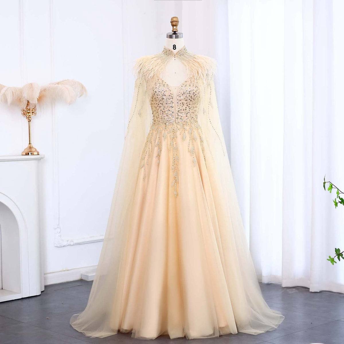 Champagne Celestial A-Line Gown with Feathered High-Neck Cape