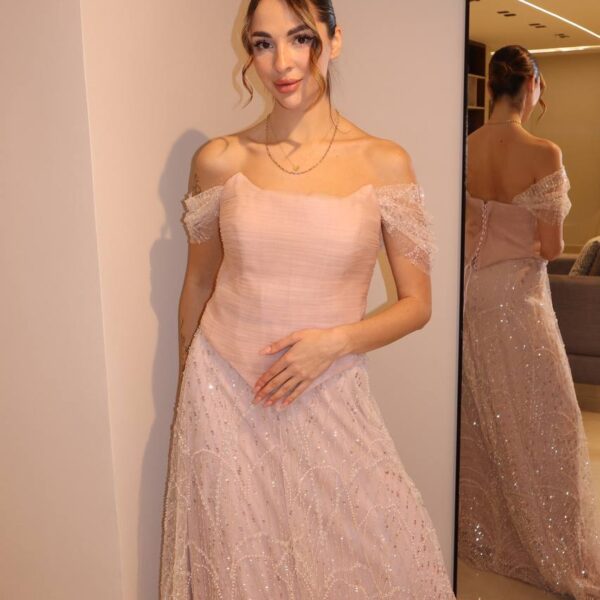 Blush Rose Off-Shoulder Gown with Basqued Bodice and Shimmering Tulle Skirt