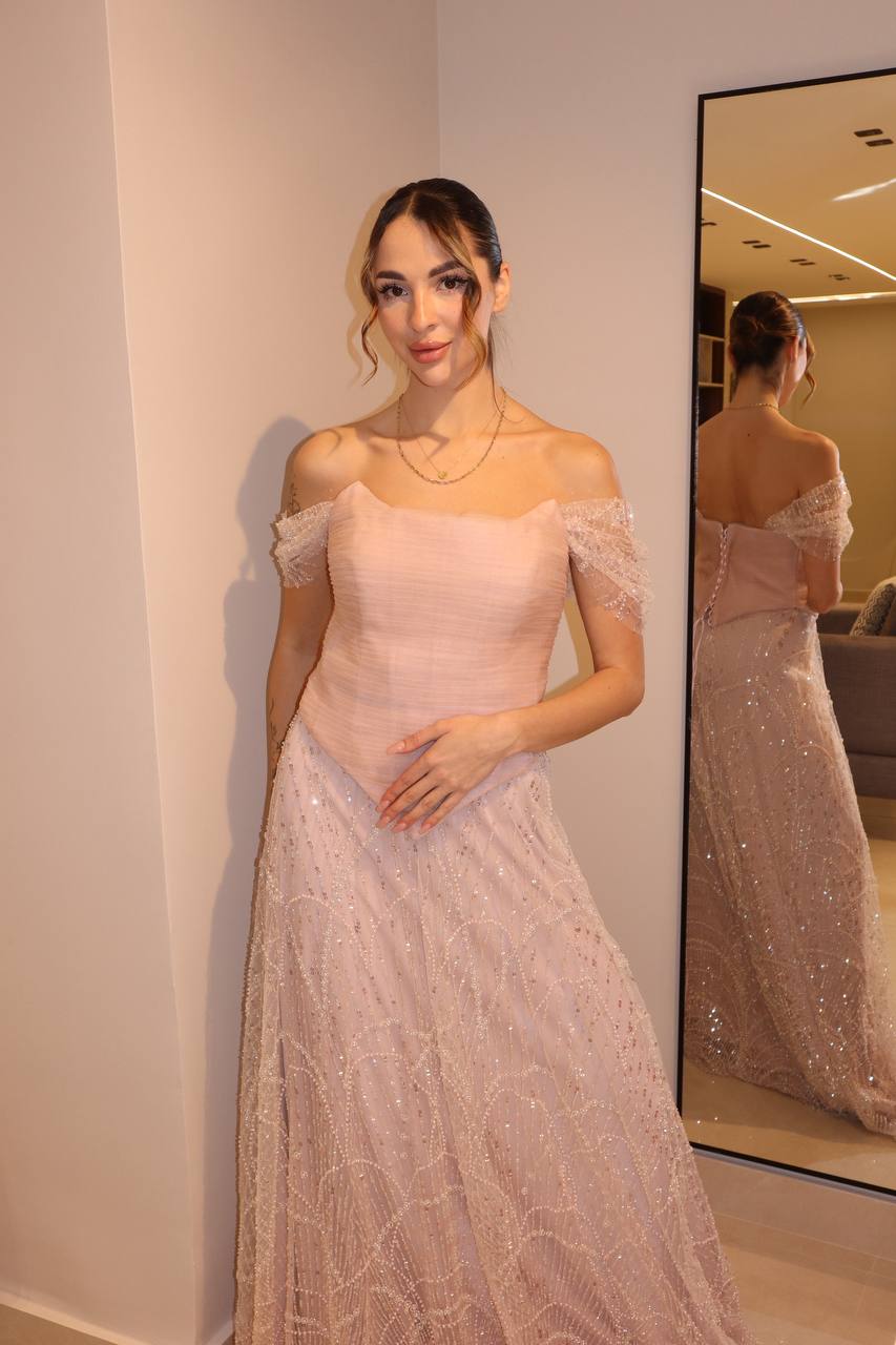 Blush Rose Off-Shoulder Gown with Basqued Bodice and Shimmering Tulle Skirt