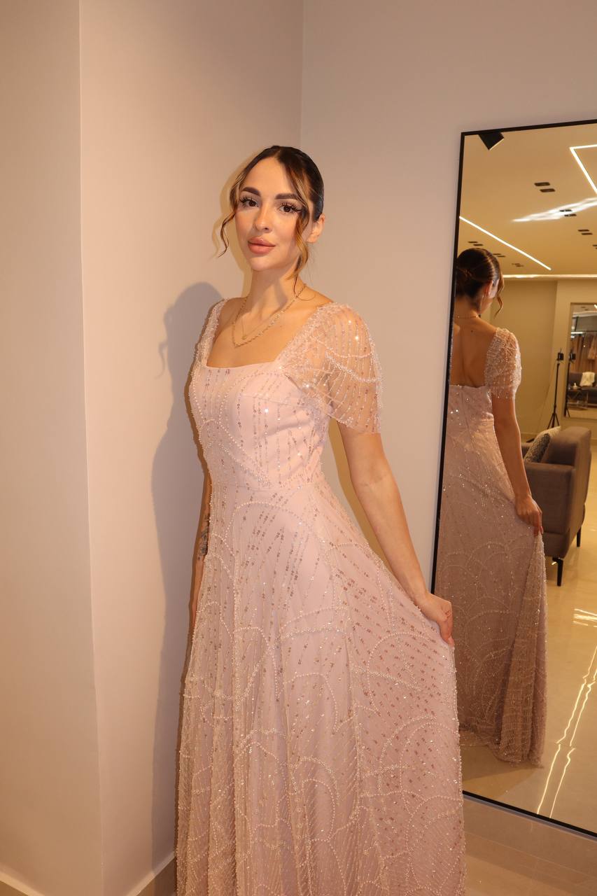 Second image of Blush Rose Off-Shoulder Gown with Basqued Bodice and Shimmering Tulle Skirt